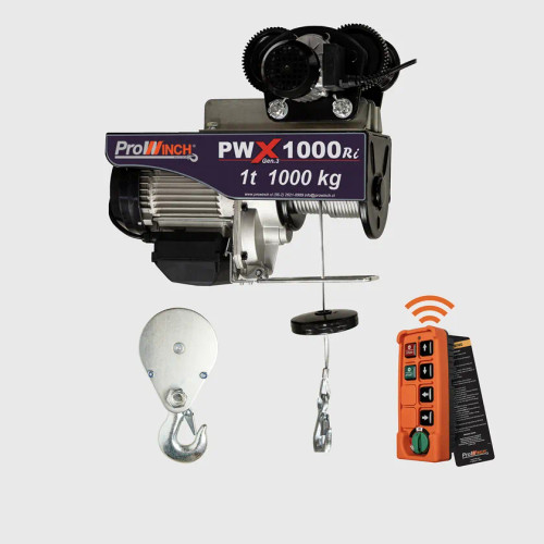 1100 lb / 2200 lb 220V Electric Rope Hoist w/trolley 60HZ w/ Emergency Stop H1 Duty Wireless PWX1000Ri
