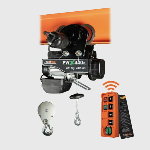 440 lb 110V Electric Wire Rope Hoist 38 ft. Wireless w/ Power Trolley H1 Duty PWX440Ru