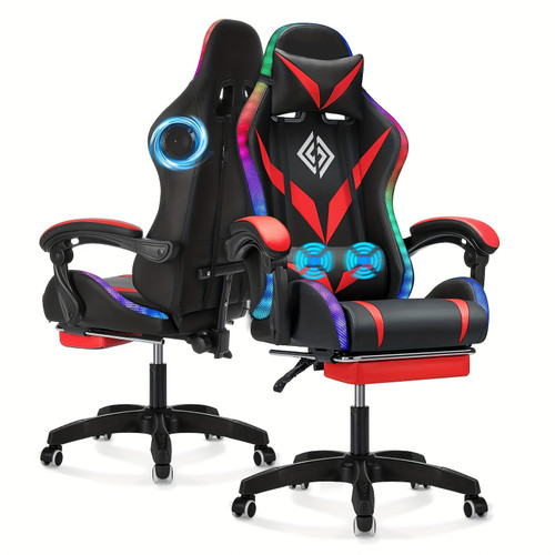 Gaming Chair with Speakers and Massage Big and Tall Video Game Chair for 450lbs with Footrest Reclining High Back Computer Desk Chair with RGB Led Light, Red + Black Color