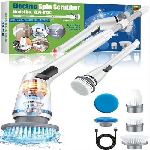 3200mAh Cordless Rechargeable Electric Spin Scrubber - LED Display Screen, 8pcs Replaceable Brush Heads, Detergent Container - for Cleaning Tub/Tile/Floor/BathroomWhite-Black