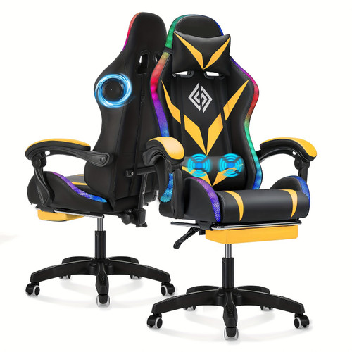 Gaming Chair with Speakers and Massage Big and Tall Video Game Chair for 450lbs with Footrest Reclining High Back Computer Desk Chair with RGB Led Light, Yellow + Black Color