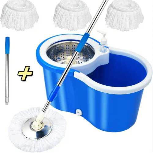 [3 Microfiber Mop Replacement Heads] Mop Bucket Set, Spin Mop And Bucket And Wringer Set, Bathroom Mop Bucket, 360° Spin Mop Bucket System With 3 Microfiber Mop Replacement Heads And 61in Stainless Steel Adjustable HandleUpgrade Blue Color