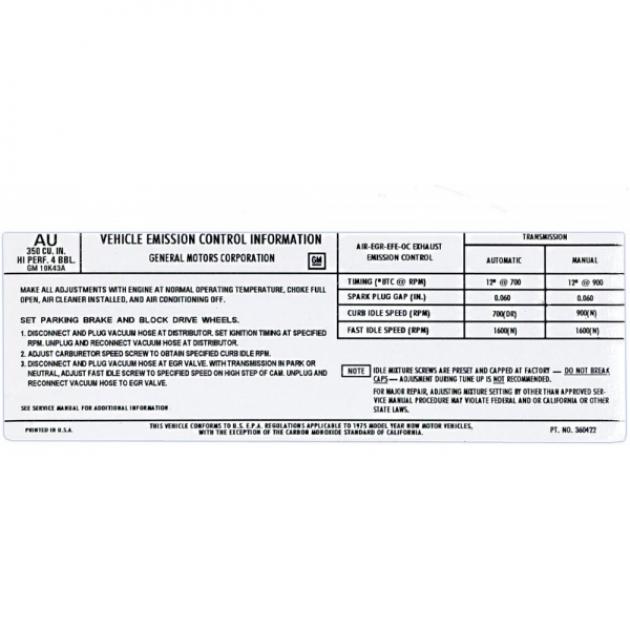 Corvette Emission Control Decal, L82, 1975