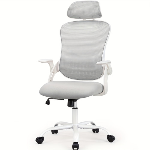 Ergonomic High Back Mesh Chair with Adjustable Headrest, Flip-up Armrests And Lumbar Support-Stainless Steel Frame, Comfortable Padded Seat On 5 Wheels for Easy Mobility-Ideal for Lab Workers Gray Color