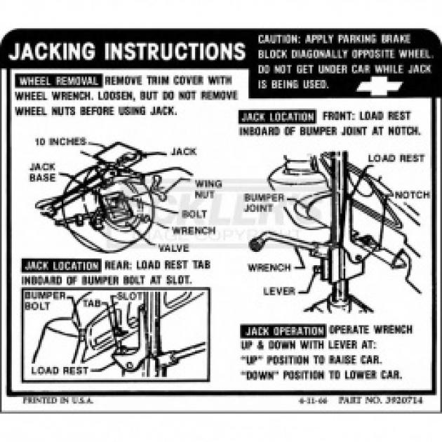 Nova And Chevy II Jack Instruction Decal, Regular Wheel, 1968-1969