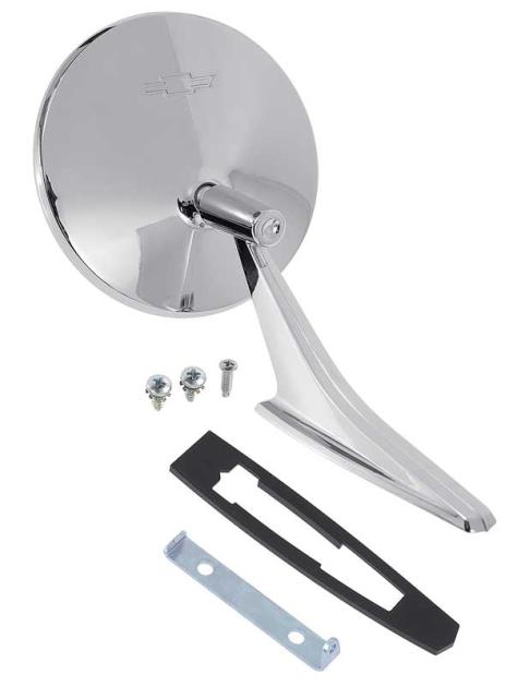 1966-72 Chevrolet, Bow Tie Outer Door Mirror, with OE Style Ribbed Base, with Gasket, Bracket, & Hardware