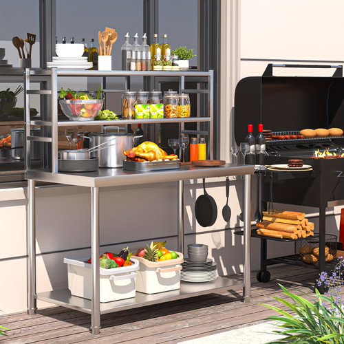 Stainless Steel Table With Overshelves 48"x24" With 2 Adjustable Tier Shelves Commercial Kitchen Prep Table Countertop Metal Work Table Workbench For Garage Home Restaurant Warehouse