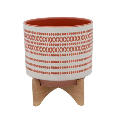 Aztec Ceramic Planter on Stand – 12″ – Orange and Ivory