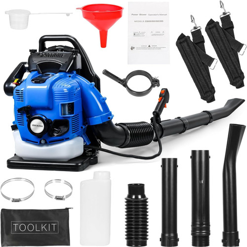 Backpack Gas Powered Leaf Blower, 75.6CC 750CFM 7000R/Min Gas Grass Lawn Blower with 4-Stroke Engine, 1.9L Fuel Tank - for Commercial Lawn Care, Yard Debris, Snow Removal, Easy to Operate, Blue