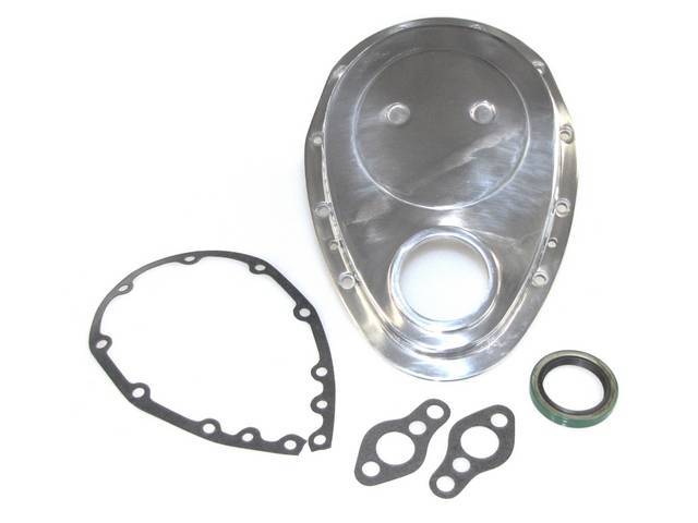Crankcase Front End / Timing Chain Cover, Polished Aluminum, Incl Cover, Seal, Gaskets and Bolts, repro