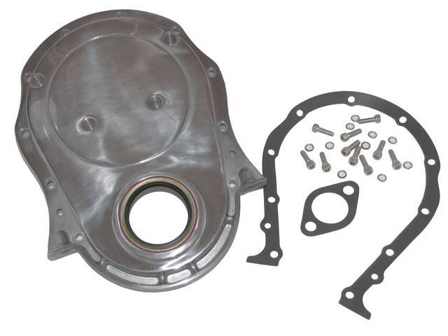 Crankcase Front End / Timing Chain Cover, Polished Aluminum, Incl Cover, Seal, Gaskets and Bolts, reproduction