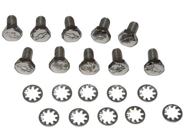 Timing Cover Bolt Kit, (20) polished stainless bolts w/ *Bowtie* and internal lock washers, reproduction