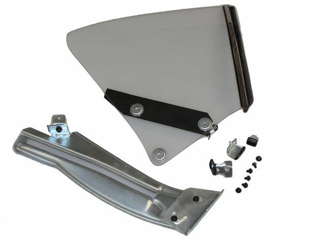GLASS ASSY, Quarter Window, clear glass w/o markings, RH, assy incl glass, quarter window roller assy, one regulator roller (p/n C-11007-50B), window track, chrome channel (RH part of p/n C-11007-110P set), and vertical weatherstrip (RH part of p/n C-1101