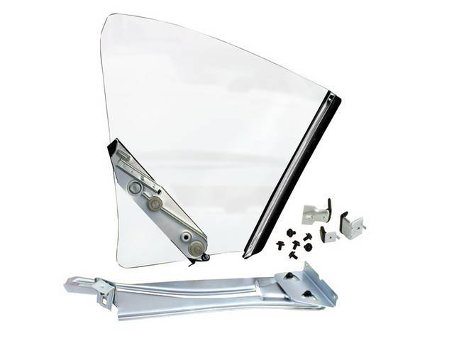 GLASS ASSY, Quarter Window, clear glass w/o markings, LH, assy incl glass, quarter window roller assy, one regulator roller (p/n C-11007-50B), window track, chrome channel (LH part of p/n C-11007-110P set), and vertical weatherstrip (LH part of p/n C-1101