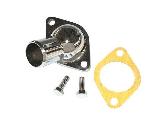 OUTLET, Coolant / Water Neck, gasket style, steel w/ chrome finish, incl gasket and chrome bolts, Repro