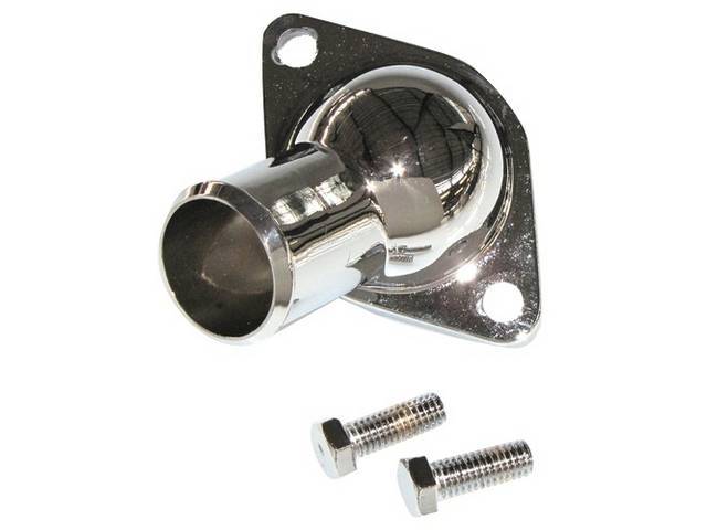 OUTLET, Coolant / Water Neck, o-ring style, steel w/ chrome finish, incl o-ring and chrome bolts, Repro