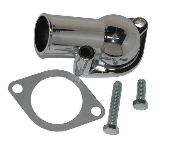 Coolant / Water Neck Outlet, gasket style, steel w/ chrome finish, includes gasket and chrome bolts, reproduction