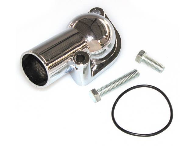 Coolant / Water Neck Outlet, o-ring style, steel w/ chrome finish, includes o-ring and chrome bolts, reproduction