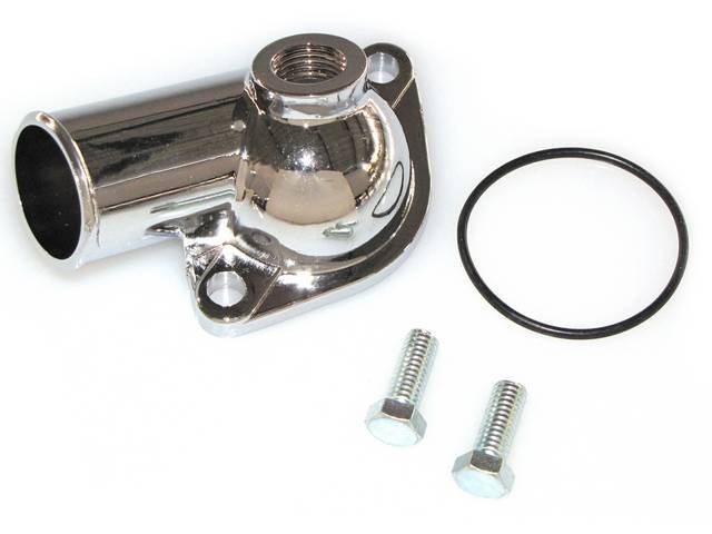 Coolant / Water Neck Outlet, o-ring style, steel w/ chrome finish, includes o-ring and bolts, reproduction