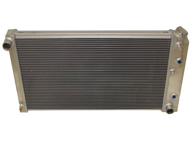 RADIATOR, Cross Flow, Champion, Alum, 2 Row, 28-1/4" x 16-3/4" core, 1-1/2" LH inlet, 1-9/16" RH outlet, Saddle mount, natural finish, incl A/T cooler