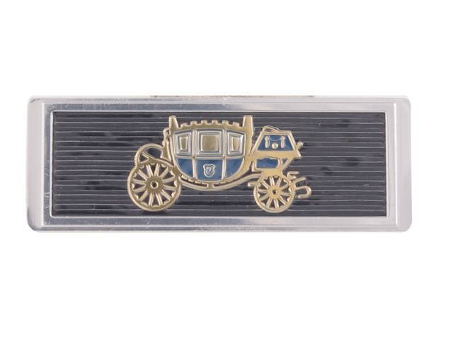 Seat Belt Buckle Decal / Insert, *Fisher Body*, Black W/ Gold and Blue Stagecoach, Stamped Metal, reproduction