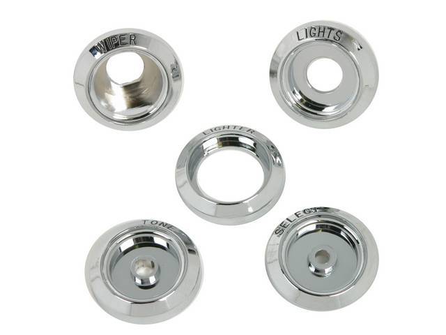 BEZEL SET, Dash, chrome plated plastic w/ black lettering, (5) incl *lighter*, *lights*, *wipers*, *tone* and *select* (radio), US-made repro