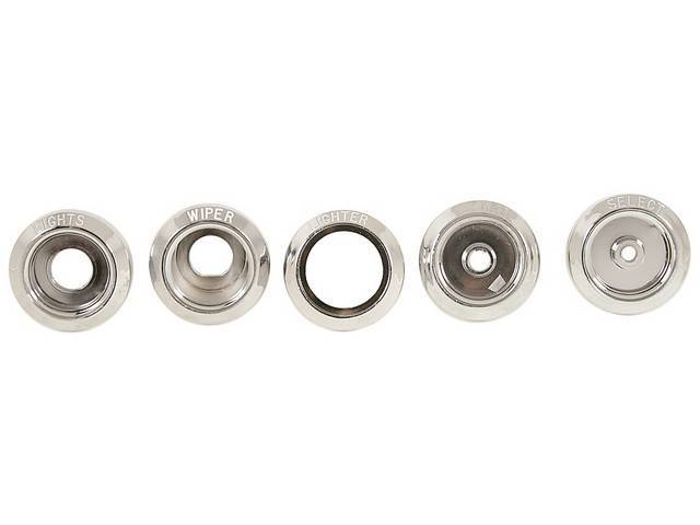 BEZEL SET, Dash, chrome plated plastic w/ white lettering, (5) incl *lighter*, *lights*, *wipers*, *tone* and *select* (radio), US-made repro