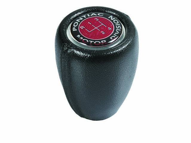 KNOB, Shift, Simulated Leather w/ *Pontiac Motor Division* lettering and red center, repro