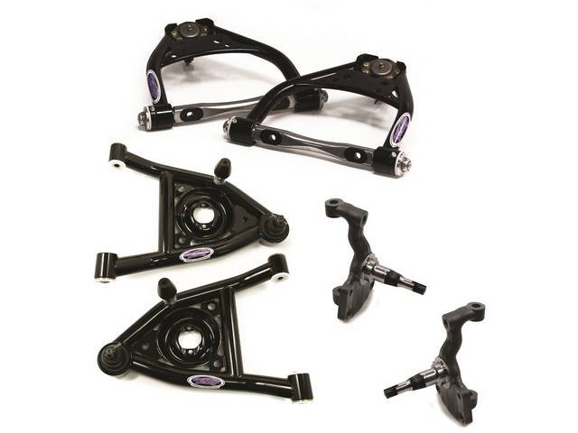SPINDLE AND ARM KIT, Steering Control, Tubular, Detroit Speed, kit incl upper and lower arms in gloss black powder coated finish and a pair of 1 piece spindles (alloy steel forging) 2 inch drop spindles, US-Made
