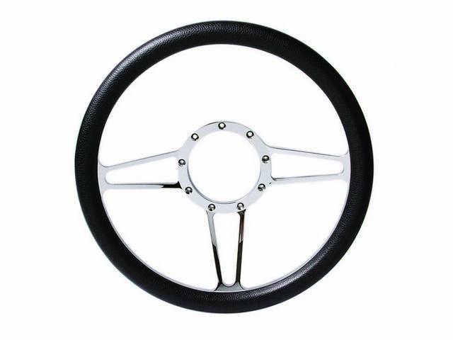 Steering Wheel, Custom 3 spoke Billet Aluminum Chrome plated, 14 inch, Black Leather half wrap