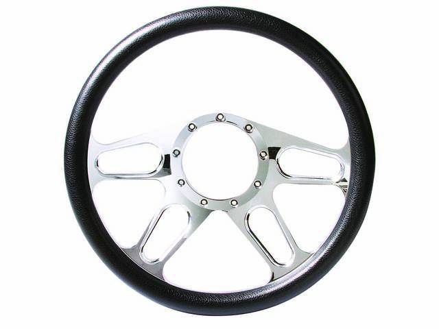Steering Wheel, Custom 4 spoke Billet Aluminum Chrome plated, 14 inch, Black Leather half wrap