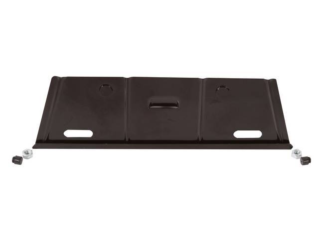 BRACKET, License Plate, Front, incl 2 rubber bumpers and mounting hardware to attach to bumper, repro