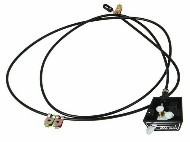 Hood Release Housing and Cable Assembly, incl plastic housing and cable assembly w/ chrome lever, repro