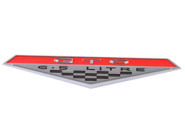 *GTO 6.5 Litre* Fender / Rocker Panel Molding Emblem, RH or LH, GM Licensed Reproduction