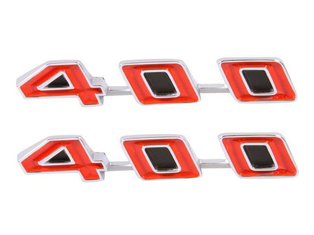 *400* Fender / Rocker Panel Molding Emblem Set, chrome *400* numbers w/ red painted recesses, reproduction
