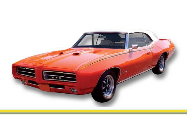 STRIPE KIT, GTO / GTO Judge, White / Yellow / Olive Green, incl fender, door and quarter panel stripes, squeegee and instructions, repro