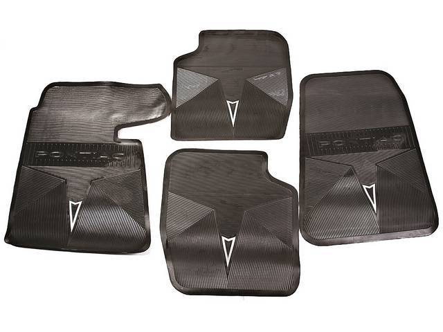 Black Floor Mats, OE Styleincl a silver embossed *Arrowhead* emblem w/ *PONTIAC* lettering, (4), reproduction