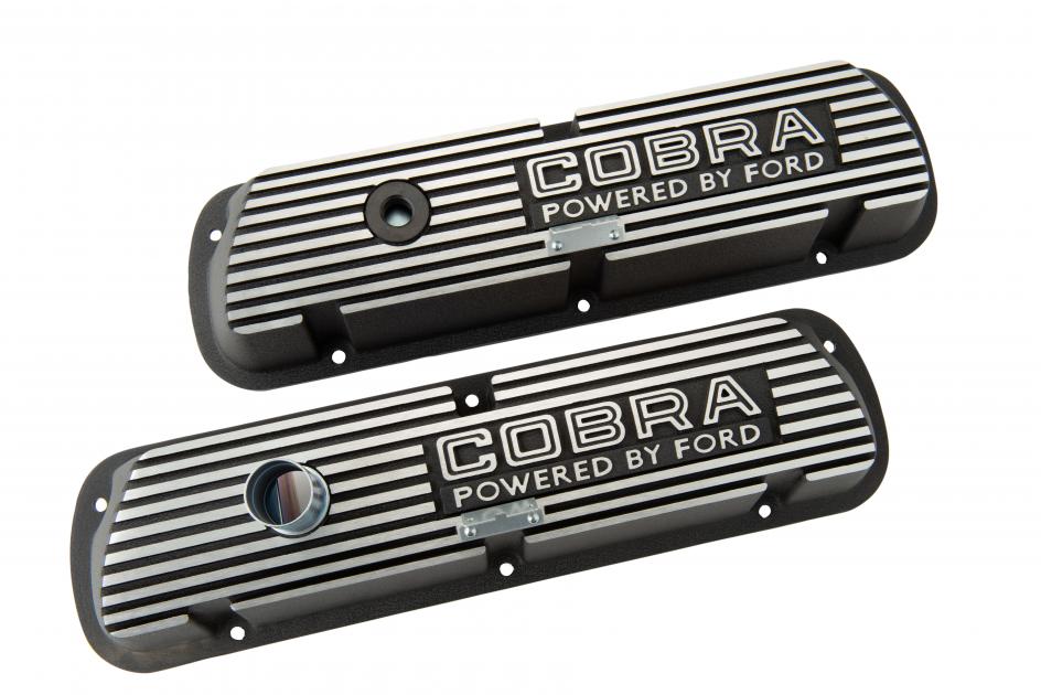 Scott Drake 1964-1973 Ford Mustang Valve Cover Cobra Powered by Ford Outline Logo Black 6A582-C