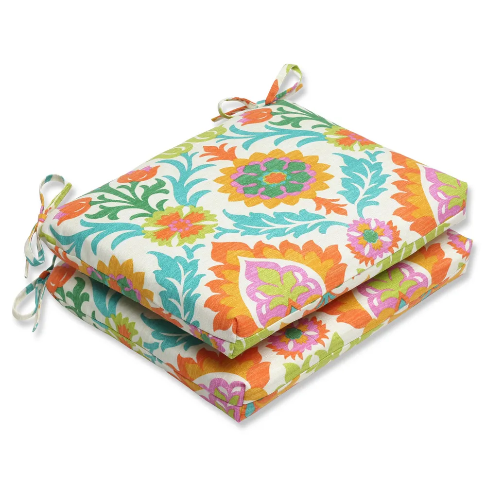 Set of 2 Sky Blue, Orange and Green Dream Garden Decorative Outdoor Patio Chair Cushions 18.5″