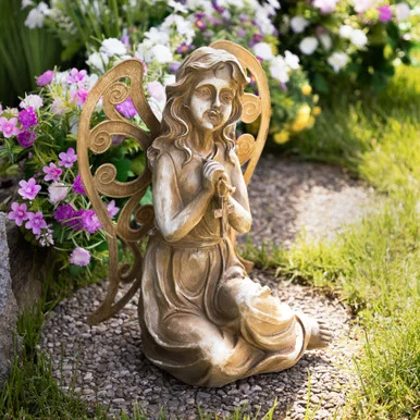 Captivating 14.5″ Inspirational Sitting Angel with Cross Garden Statue – Enhance Your Outdoor Space