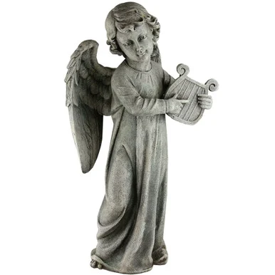 Captivating 19″ Gray Joseph’s Studio Angel Playing Harp Outdoor Garden Statue | Dramatic and Serene