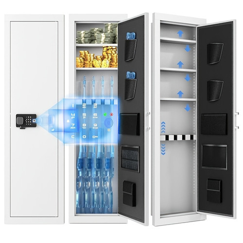 4 Wall Gun Safe Quick Access Gun Cabinets, Metal Storage Cabinet with Fingerprint Lock, Adjustable Racks and Handgun Pocket, Hidden Security for Home & Office White Color