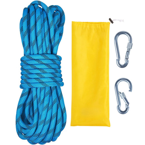 10.5 mm Static Climbing Rope, 9.7M(32ft) Outdoor Rock Climbing Rope 25KN Breaking Tension, Fiber Rope with Steel Snap Hooks for Escape, Rappelling, Fire Rescue, Blue