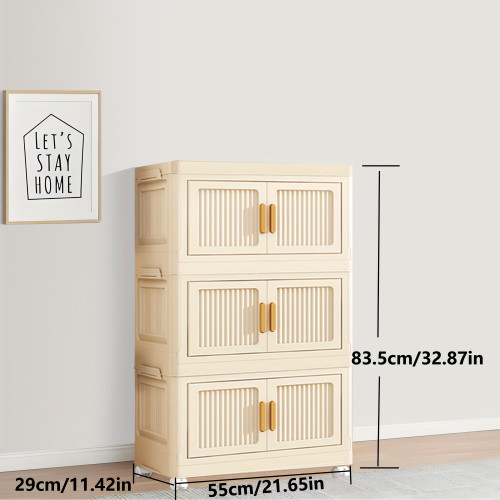 Large Capacity Folding Storage Bin with Dustproof Double Doors - Ideal Versatile Organizer (3layers) Cream Color