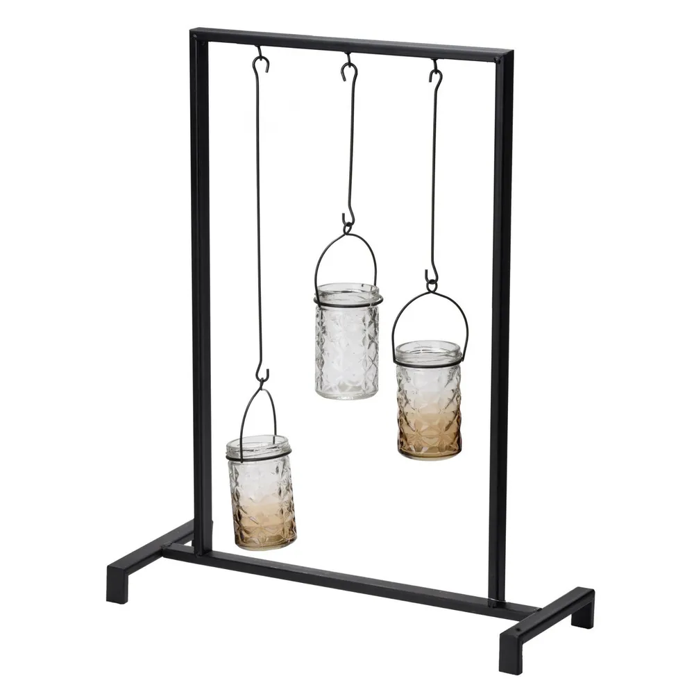 21.25″ Matte Black Hanging Jars Iron and Glass Votive Candleholder