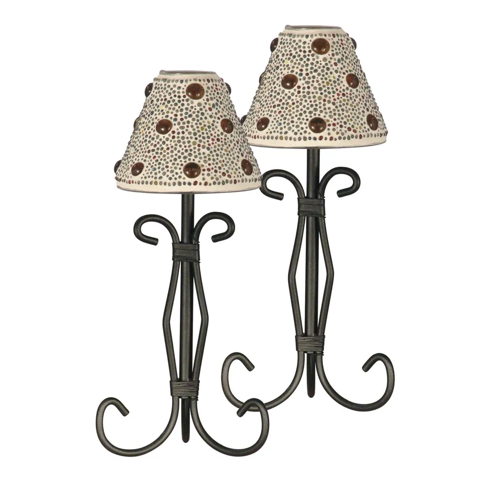 Set of 2 Cream White and Back Beaded Jewel Cone Candle Votive Holders 12″