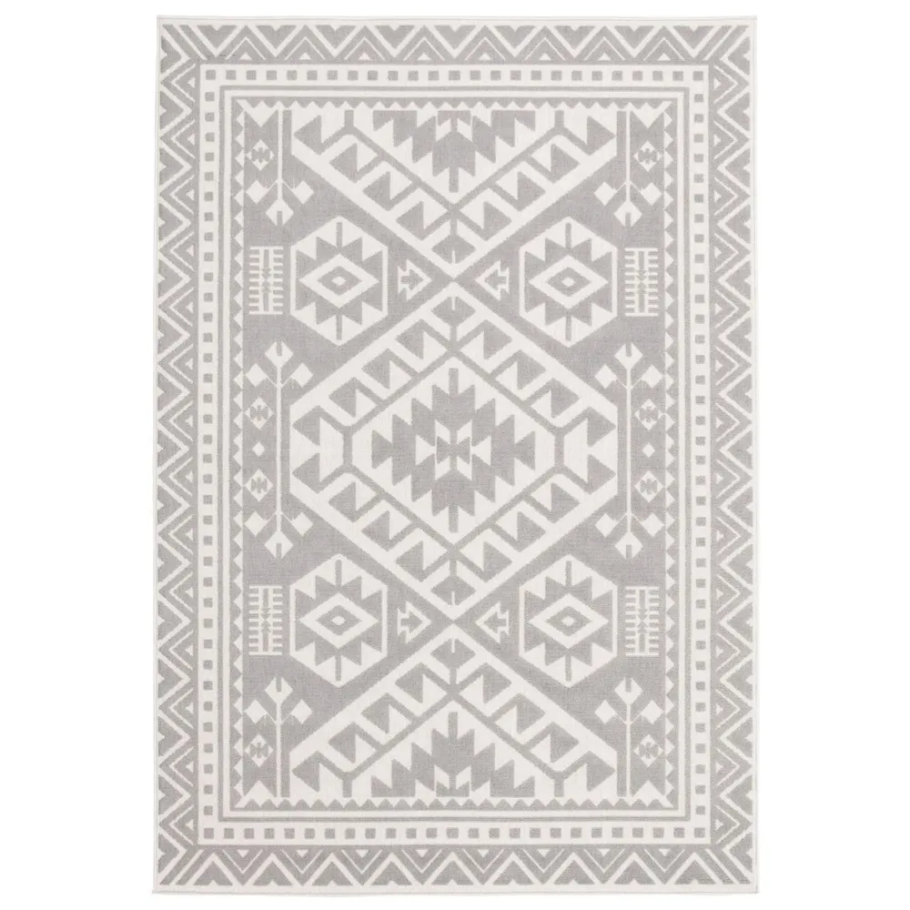 5.25′ x 7.5′ Geometric Rectangular Outdoor Area Throw Rug – Gray and Cream