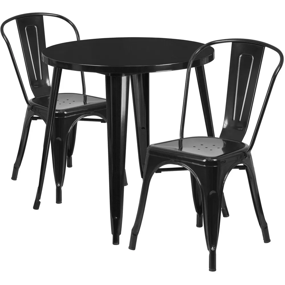 Set of 3 Round Black Metal Indoor and Outdoor Table with Cafe Chair Set 33″