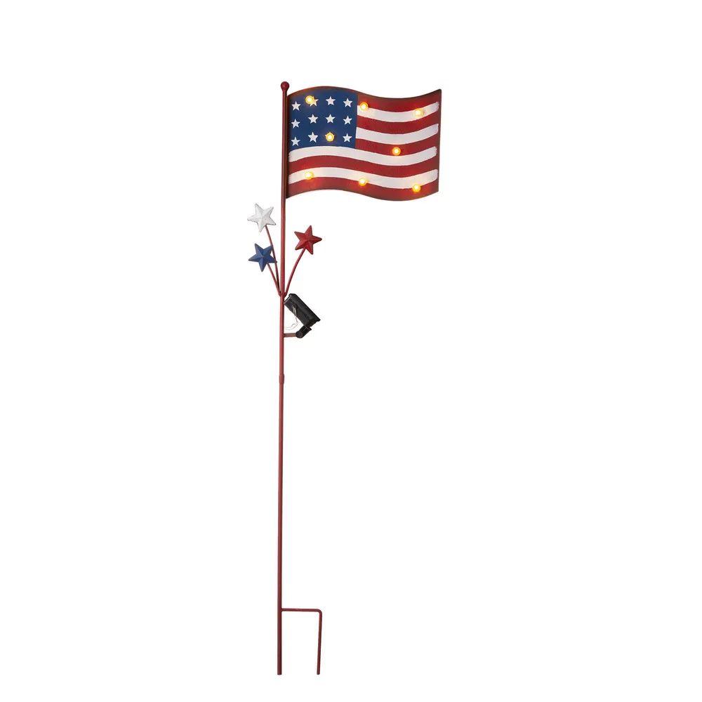 42″ Red and Blue American Flag Yard Stake with Solar Lights