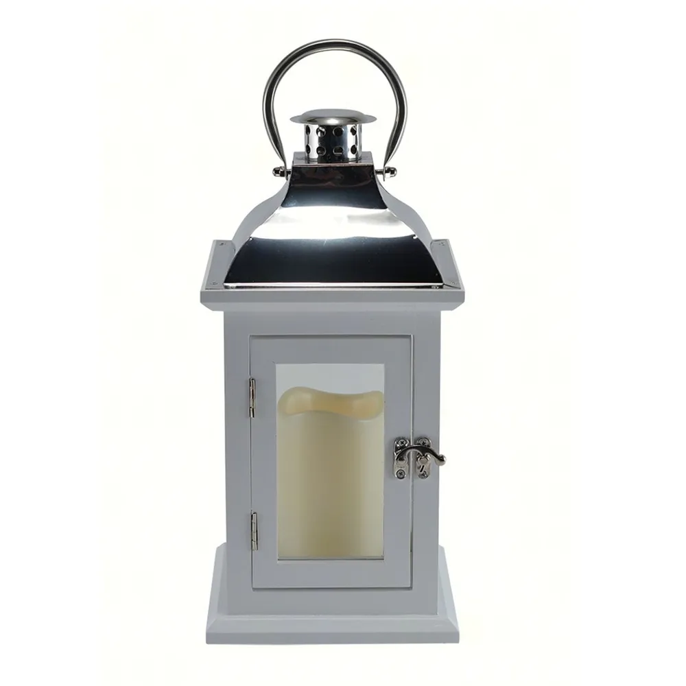 13″ White and Silver Rustic Barn Wooden Carriage LED Lantern – Battery Operated